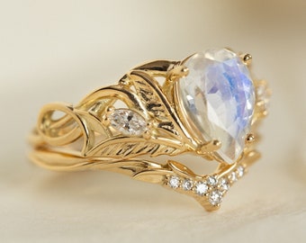 Big Pear Moonstone Bridal Ring Set, Leaf Design Engagement ring with Moonstone and curved Leaf Wedding Band, 14k or 18k Gold