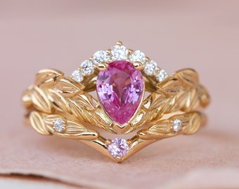 Natural pear Pink Sapphire and Diamond Crown Engagement Ring, Gold Palm Leaf Promise Ring, Nature inspired engagement in 14k or 18K Gold