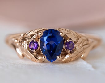 Lab Blue Sapphire and Natural Amethyst Engagement Ring, Nature Inspired Ring with accent Gemstones, Rose Gold Leaves Engagement Ring