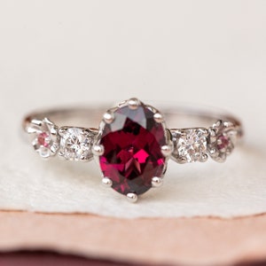 Gold flowers and Diamonds Engagement Ring Rhodolite Garnet ring, Delicate Oval cut ring, Romantic Flower Engagement Ring White Gold image 2