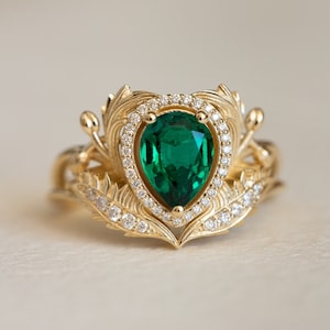 1 Carat Lab Emerald Engagement ring with Diamond Halo, Nature Inspired Ring, Gold Leaves Ring, Fantasy Engagement Ring, 14K 18K Gold