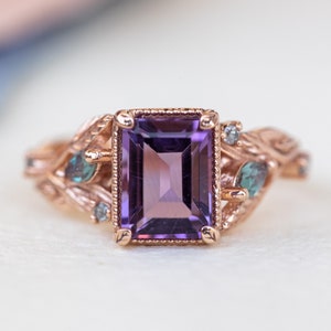Amethyst Engagement ring with Marquise Alexandrite leaves, Nature inspired Ring for Elven engagement with salt and pepper diamonds
