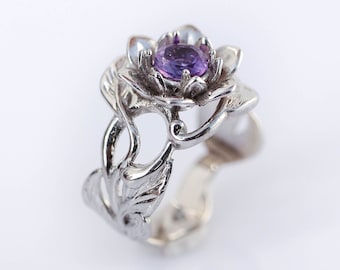 Amethyst flower engagement ring, white gold engagement ring, wide band, art nouveau ring, ring for woman, floral jewelry, romantic gift