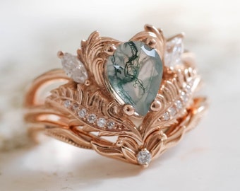 Natural Moss Agate Bridal ring set, Pear shaped Engagement Ring & Wedding band inspired by Nature, 14k or 18k Rose Gold rings with Diamonds