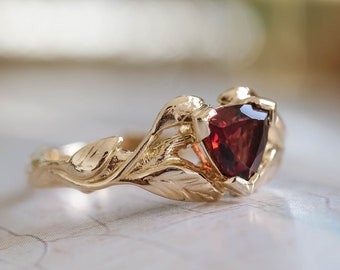 Trillion cut Garnet Engagement Ring, Natural Garnet Ring, Nature inspired Leafy Twig Engagement Ring, 14K or 18K Gold Leaves Ring for Bride