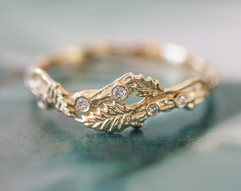 Branch wedding band with diamonds, gold twig ring, leaves ring, nature engagement ring, leaf ring, diamond ring, tree ring, gift for woman