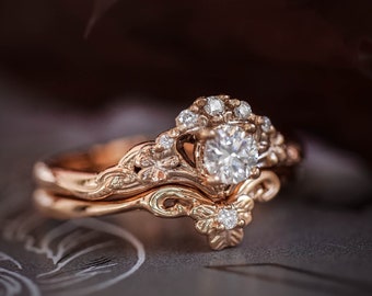 Moissanite leaf ring set, rose gold bridal ring set, vintage inspired ring, clover ring, nature ring with diamond, celtic engagement, elvish