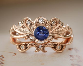 Blue Sapphire Ring With Diamonds And Matching Wedding Band, Bridal Ring Set, Vintage Style Rose Gold Rings, Stackable Rings Set, Leaf Rings