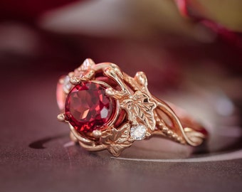 Garnet & diamonds engagement ring, ivy leaves ring, nature inspired ring, gold leaf ring, elvish ring, fantasy engagement ring, 14K 18K