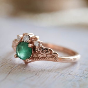 Ivy Leaf Emerald Engagement ring with Diamonds, Nature inspired Moissanite and Emerald ring, Alternative Engagement Ring, 14k or 18k Gold