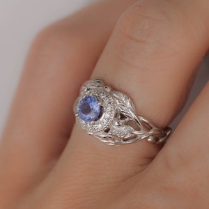 Sapphire Engagement Ring with Diamond Halo, White Gold Leaf Ring, Nature Inspired Ring, Leaf engagement ring, Light Blue Sapphire Ring image 1