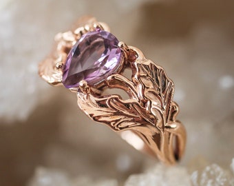 Rose gold ring with amethyst, leaf engagement ring, oak leaves ring, autumn jewelry, nature ring for woman, 14K gold, pear cut, unique ring