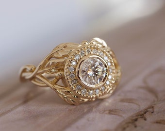 Bague de fiançailles feuille d'or, bague moissanite, bague de fiançailles halo, bague inspirée de la nature, bague de feuilles, bague de branche, bague de style vintage, unique