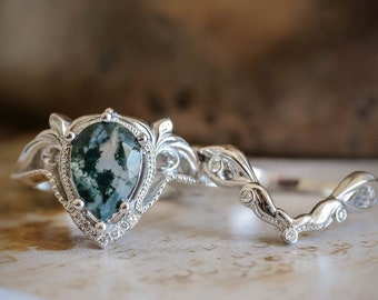 Ornate Bridal Ring Set - Pear shaped Green Moss Agate ring - Leaves and Diamonds with Wedding Band, Elven Engagement, 14k or 18k White Gold