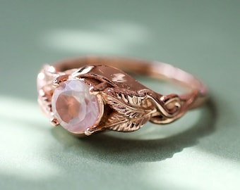 Rose quartz engagement ring, solid gold ring, leaves ring, ring for woman, unique ring, rose gold wedding band, romantic ring, nature ring