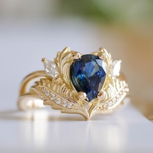Fantasy Nature inspired Engagement ring with 1.4 ct Real Blue Sapphire, 14K or 18K Gold Leaves and Diamonds Elvish Bride Ring