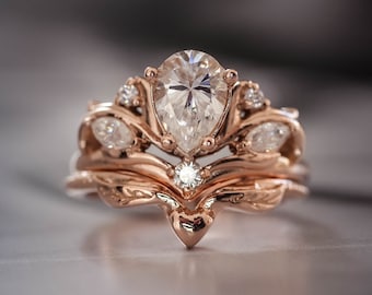 White Sapphire Baroque inspired Bridal Ring Set, Unique Engagement and Wedding Rings Set with Pear shaped Gemstone in 14K or 18K Solid Gold