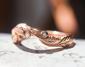 Rose gold twig wedding band with diamonds, branch ring, nature wedding band, moissanite ring, leaf wedding band, gold ring for woman