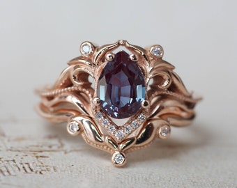 Alexandrite rose gold ring, ethical engagement ring, bridal ring set, art nouveau ring, alexandrite diamonds ring, wedding ring set for her