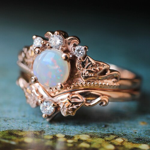 Opal and Diamonds Ring Nature Engagement Ring Leaves Ring - Etsy