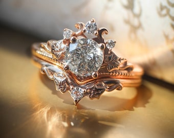 Salt and Pepper Diamond Engagement Ring Set, Leaf Wedding Band
