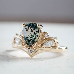 Elven Engagement Ring - Green Moss Agate ring with Leaves and Marquise Diamonds, Nature inspired Pear Engagement ring, 14k or 18k Gold