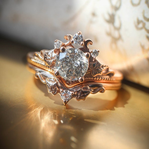 Salt and pepper engagement ring, bridal ring set, nature engagement ring, leaf wedding band, leaves ring, ivy ring, wedding stacking rings