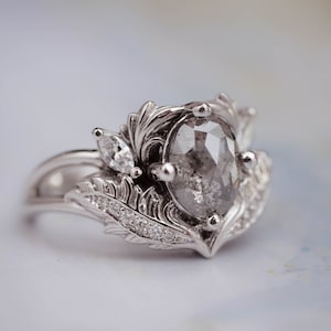 Salt & Pepper Diamond Ring, Alternative Engagement Ring, Nature Inspired Ring, Leaf Engagement Ring, Leaves Ring, Oval Grey Engagement Ring