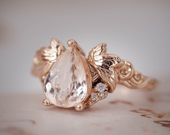 Anillo de compromiso de morganita y diamantes, anillo de vid de oro, anillo de compromiso de hoja, anillo de hojas, anillo inspirado en la naturaleza, anillo de uva, regalo para mujer
