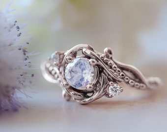 White gold moonstone ring, nature inspired engagement ring, moonstone & diamonds ring, vintage style ring, leaf ring, unique ring women