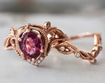 Rhodolite garnet bridal ring set, art nouveau ring, stacking ring set, diamond wedding band for woman, pink gemstone ring, garnet engagement