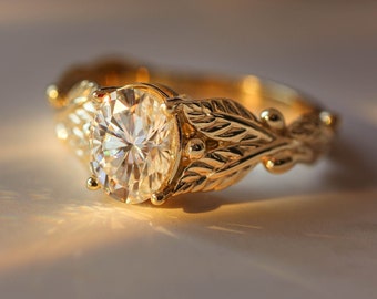Oval moissanite engagement ring, gold leaf engagement ring, nature wedding band, botanical ring, simulated diamond ring, 1 carat moissanite
