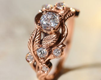 Bladverlovingsring met diamanten, natuurlijke diamanten verlovingsring, natuurring, bladerenverlovingsring, unieke ring voor vrouw, roségoud