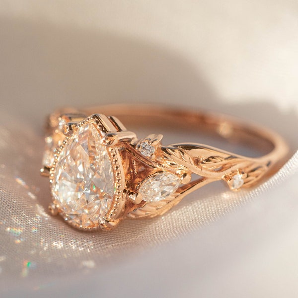 Large Moissanite Engagement Ring with Marquise Diamonds Leaves, Nature inspired Ring for Bride, Rose Gold Ring 14k or 18k Gold