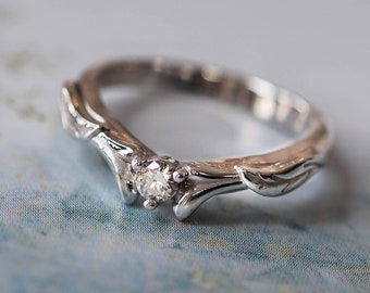 Nature inspired wedding band, diamond ring, leaves wedding ring, white gold band, branch ring, natural diamond, ring for woman, gift for her