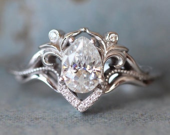 Genuine White Sapphire Fantasy Engagement Ring, Elvish Engagement ring with Pear shaped White sapphire in 14K or 18K White Solid Gold