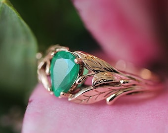 Teardrop emerald engagement ring, leaves ring, ring for woman, unique ring, forest ring, nature engagement ring, natural emerald, solid gold