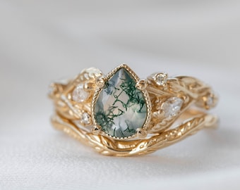 Pear Moss agate and Diamonds Bridal ring set, Baroque inspired Moss Agate Engagement Ring with Dainty Leaf Wedding Band, 14k or 18k Gold