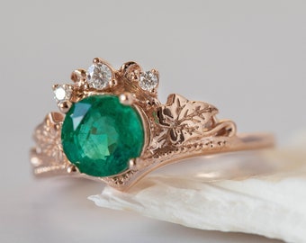 Emerald Ring with Tiny Diamonds & Dainty Gold Ivy Leaves, Nature inspired Fantasy Engagement Ring, 1 Carat Emerald ring 14K or 18K Gold