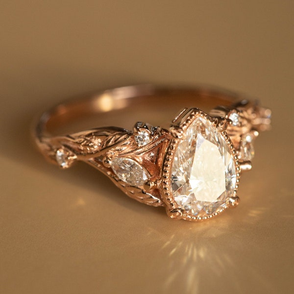 Large Lab Grown Diamond Engagement Ring with Marquise Diamonds Leaves, Nature inspired Ring for Bride, Rose Gold Ring 14k or 18k Gold