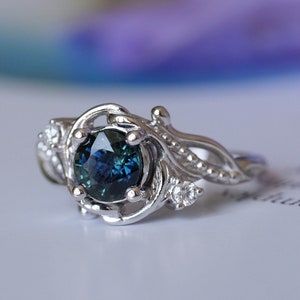Sapphire Engagement Ring, Nature inspired Engagement Ring, Sapphire & Diamonds ring, White Gold Leaf Ring, Elvish Ring, Teal Colour Gem Ring