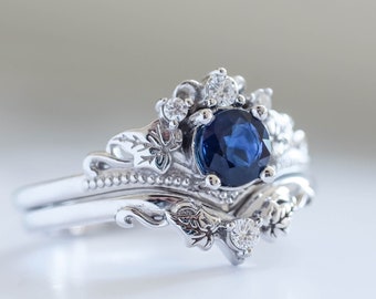 Natural Sapphire Ring Set with Ivy Leaves and Diamonds, Nature inspired Fantasy Engagement Ring and Leafy Wedding Band in 14K or 18K Gold