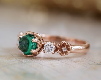 Lab Emerald Flower Engagement Ring, Green Emerald and Moissanites or Natural Diamonds Three stone Ethical Engagement Ring, 14k or 18k Gold
