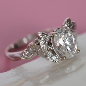 Oval Lab Grown Diamond White Gold Ring, Manmade Diamond with Grape Leaves and Cluster Diamonds, Nature inspired Romantic engagement 14K gold