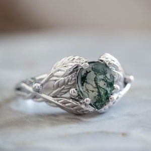 Natural Moss Agate Ring 14K or 18k Gold, Elvish Leaves Engagement Ring, Forest Green Gemstone Ring, Unique Promise Ring for Women image 1