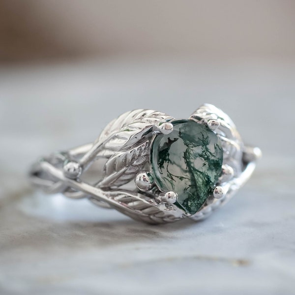 Natural Moss Agate Ring 14K or 18k Gold, Elvish Leaves Engagement Ring, Forest Green Gemstone Ring, Unique Promise Ring for Women