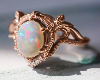Opal and diamonds engagement ring, art nouveau engagement ring, rose gold ring, floral ring, statement engagement, natural opal ring
