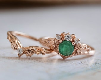 READY TO SHIP, Size 6.75 Us, Emerald Engagement ring Set with Diamonds, Nature Emerald ring & Gold Ivy Leaf Wedding Ring, Alt Bridal Rings