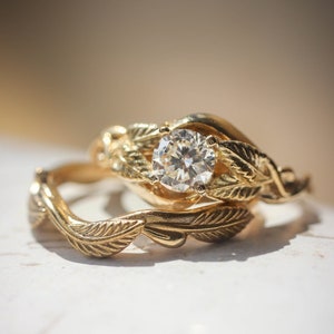 Bridal ring set with moissanite, diamond engagement ring, twig wedding band, gold leaves ring, branch ring, stacking rings set, nature ring image 1