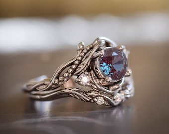 Alexandrite Engagement Ring Set, Gold Leaf Wedding Band, Color Changing Stone
